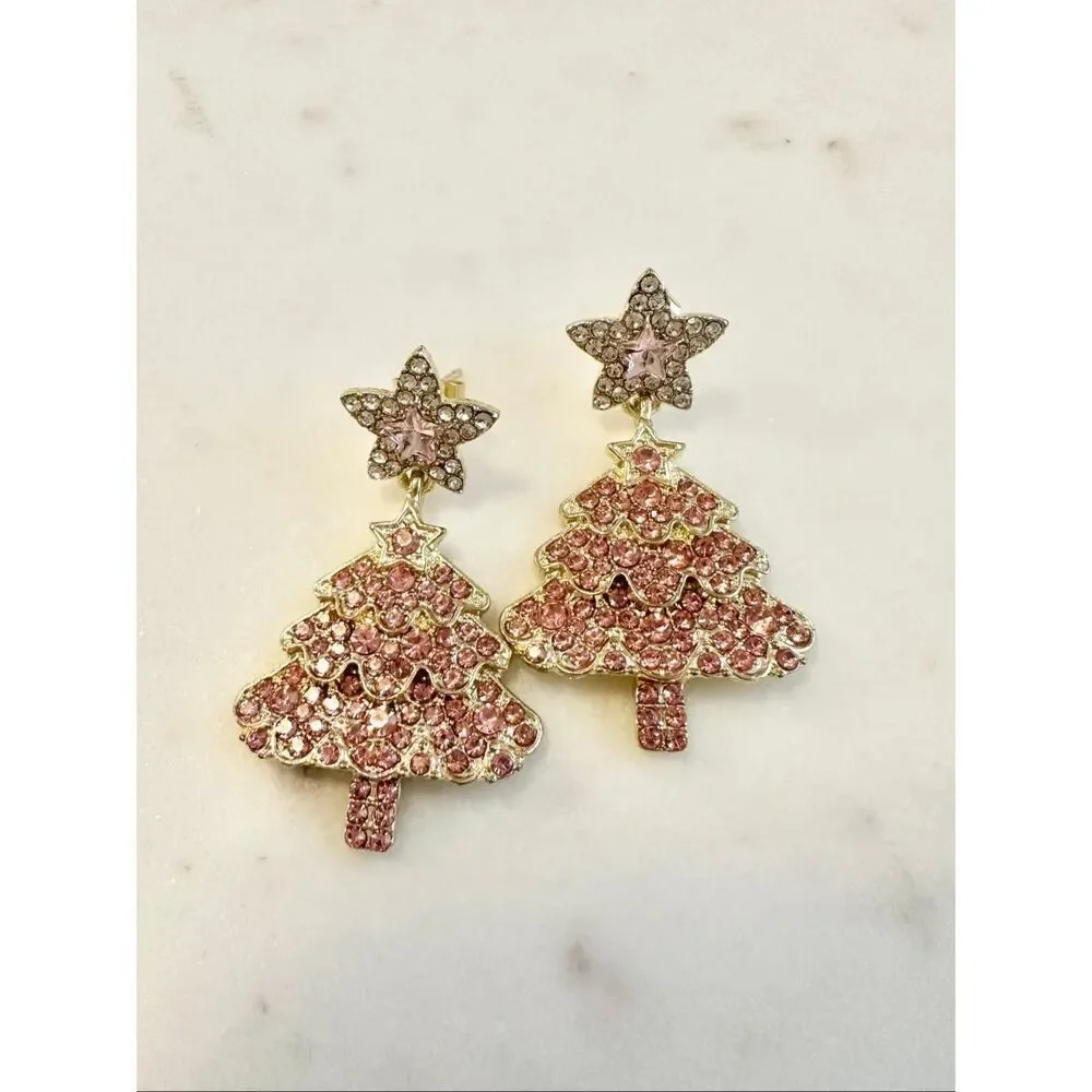 Light pink Christmas tree dangle rhinestone earrings
